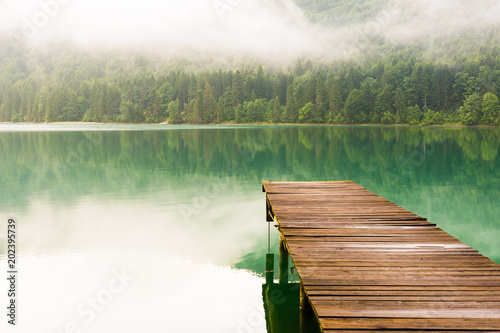 See mit Wald und Nebel in Herbst Stimmung - Walchensee mit Steg
