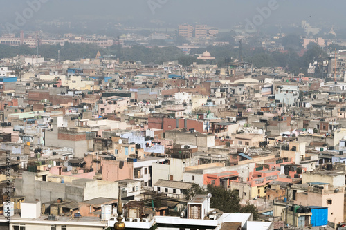 View of the old district of new Delhi. Fog, smog over the city.