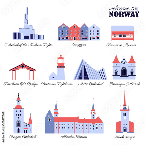Norway travel cartoon vector norwegian landmark Bryggen, Lindesnes Lighthouse, Narvik Stavanger Arctic Cathedral, Akershus Fortress, Cathedral of Northern Lights, Trondheim Old Bridge, Sunnmore Museum