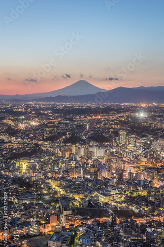Yokohama city and Mt.Fuji in winter evening