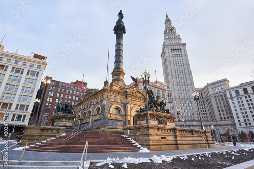 Cleveland, Ohio/USA - March 5th 2018: Soldiers' and Sailors' Monument in Downtown Cleveland was designed by Levi Scofield and is located in Public Square. It is built with granite blocks.