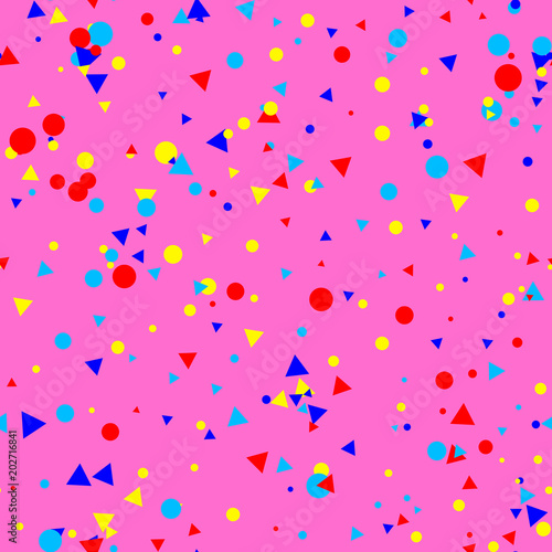Colorful messy dots, triangles on pink background. Festive seamless pattern with round shapes. 80-90 retro dotted texture for wrapping paper, web. Vector illustration.