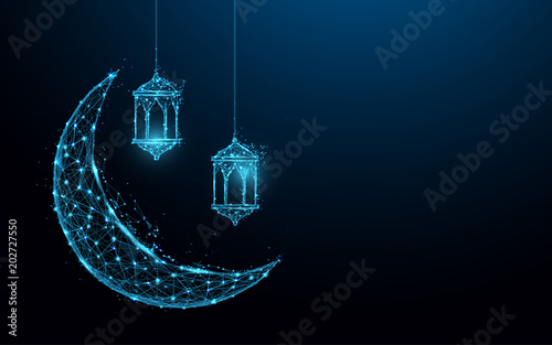 Crescent moon with hanging lamps Islamic Festival concept form lines and triangles, point connecting network on blue background. Illustration vector