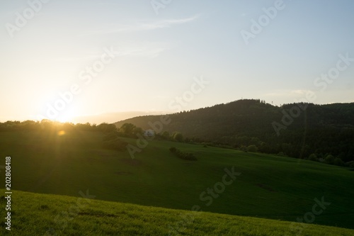 Sunset on meadow with hills and tree. Slovakia