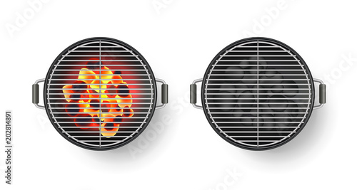 Vector realistic 3d illustration of round empty barbecue grill with hot coal, isolated on white background. BBQ top view