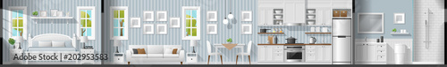 House interior section panorama including bedroom , living room , dining room , kitchen and bathroom , vector , illustration