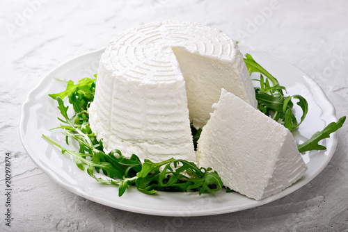 Ricotta cheese with arugula on plaster background