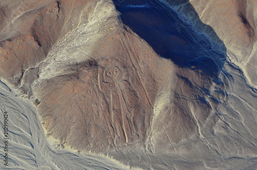 Aerial view of the Nazca Lines Owlman (astronaut), Peru.
