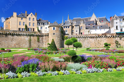 The walls of the ancient town and the gardens in Vannes. Brittany Northern France.