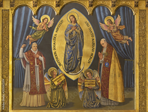 ZARAGOZA, SPAIN - MARCH 1, 2018: The painting of Immaculate conception and pope Pius X and Pius XII in church Iglesia del Perpetuo Socorro by pater Jesus Faus (1953 - 1959).