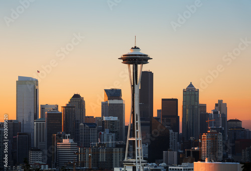 Seattle, Washington, / USA - 08/30/2013, Seattle downtown skyline at sunset including the iconic Space Needle