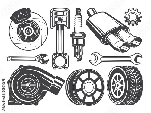 Monochrome pictures of engine, turbocharger cylinder and other automobile tools