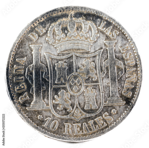 Ancient Spanish silver coin of of Queen Isabel II. 1853. Coined in Madrid. 10 reales. Reverse.