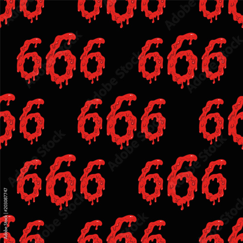 Cartoon seamless pattern with bloody numbers 666 on black background.Hell, death and satan symbol.