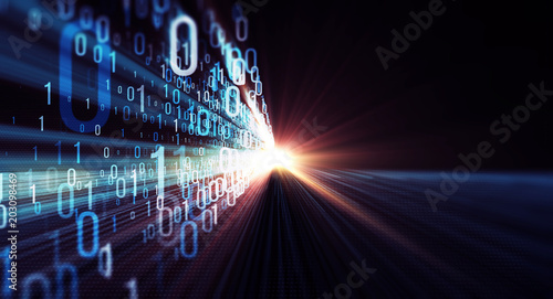 Binary code background/Color bytes of binary code flying through a vortex, background code depth of field with lens flares