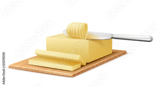 Vector realistic yellow stick of butter on cutting board with metal knife isolated on background. Slices of margarine or spread, fatty natural dairy product. High-calorie food for cooking and eating