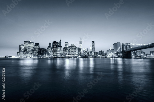 New York City at night. Blue grey tones Manhattan skyline. USA.