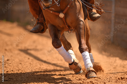 The front view of a rider on a reining horse galloping in the red clay an arena.