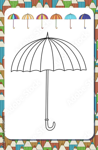 Page for coloring book. Contour umbrella isolated on white background and colored examples.