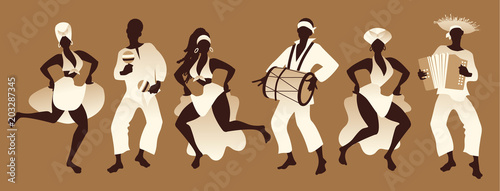 Group of men and women dancing and playing latin or afro american music