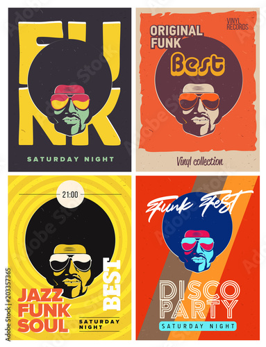 Disco party event flyers set. Collection of the creative vintage posters. Vector retro style template. Black man in sunglasses.