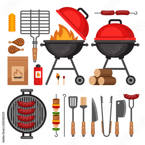 Bbq tools set. Barbecue grill isolated elements. Flat style, vector illustration.