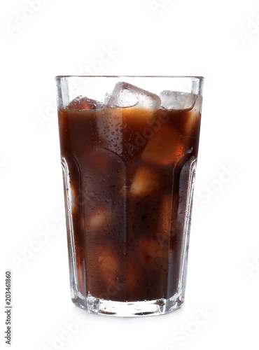 Glass with cold brew coffee on white background