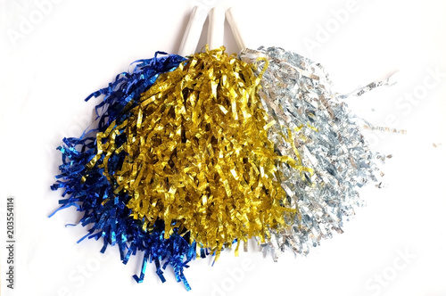 Blue, gold and silver pompoms on white isolated use for sport cheer background