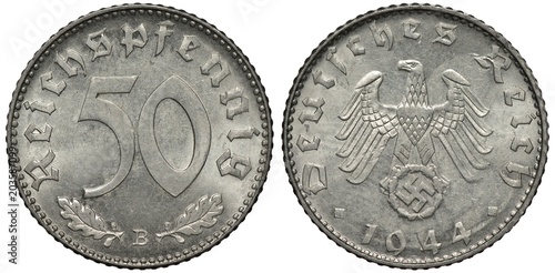 Germany German aluminum coin 50 fifty pfennig 1944, last but one year of Nazi regime of Third Reich, oak leaves below value, imperial eagle, date below, 