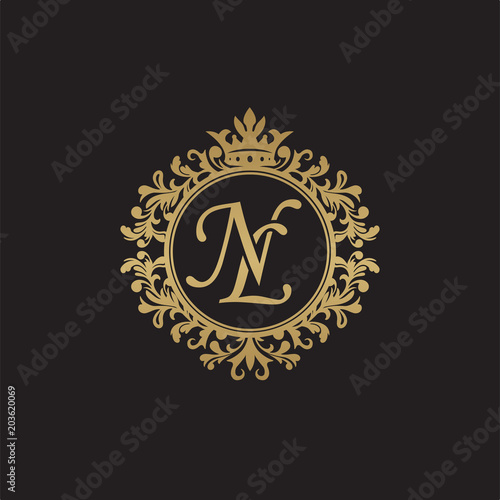 Initial letter NL, overlapping monogram logo, decorative ornament badge, elegant luxury golden color