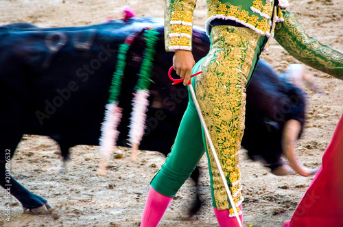 Bullfighter in green giving a pass to the bull with his cape