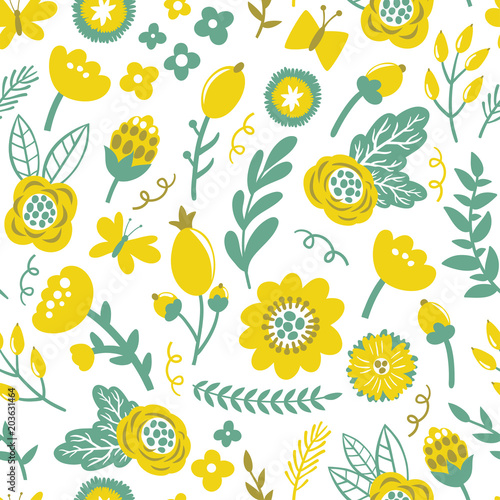 Vector seamless pattern with bright flowers, berries, branches, leaves and butterflies. Vintage hand drawing floral texture. Vintage natural background.