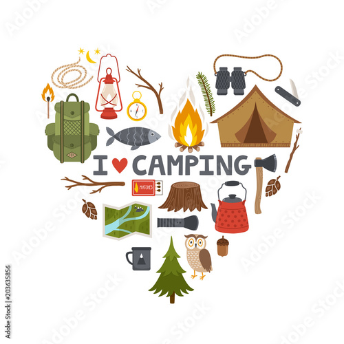 Vector concept camping background. Heart made from camping equipment and text "I love camping"