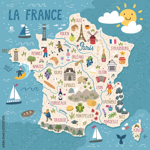 Vector stylized map of France. Travel illustration with french landmarks, people, food and animals.