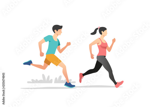 Healthy lifestyle vector illustration. Young people jogging and exercising.