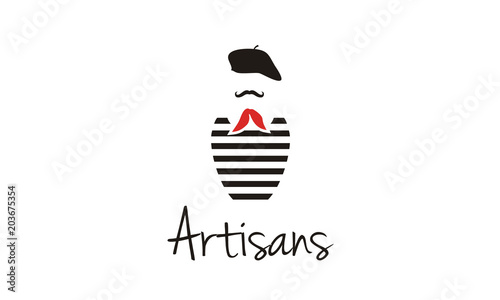 Artisans France, French Mustache Painter Artist Costume with Beret, Red Scarf Tie, and Black White Striped T-Shirt logo design inspiration