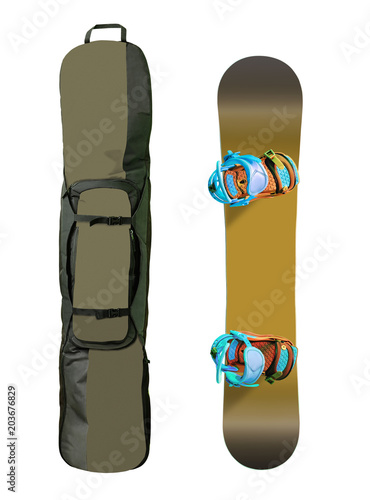 Top view of snowboard and bag isolated on white background. Sport and transportation equipment