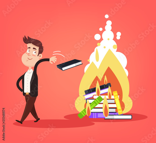 Uneducated ignorance writer man character throw books in fire flame. Illiteracy censorship knowledge literature data information damaged concept. Vector flat cartoon isolated design graphic