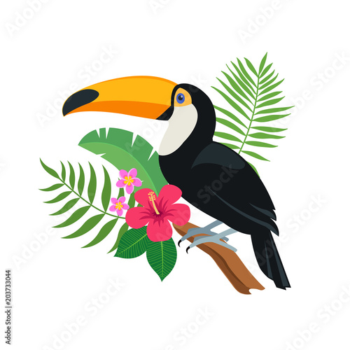 Cute toucan bird sitting on a tropical branch with exotic leaves and flowers of hibiscus and plumeria. Bright colorful vector illustration in cartoon style