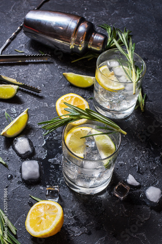 Alcoholic drink gin tonic cocktail with lemon, rosemary and ice on stone table