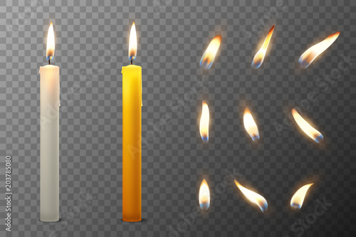 Vector 3d realistic white and orange paraffin or wax burning party candle and different flame of a candle icon set closeup isolated on transparency grid background. Design template, clipart for