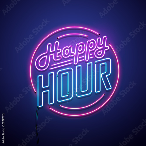 Happy hour neon sign. Vector illustration.