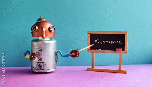 Math lesson. Robot professor explains Pi mathematical constant irrational number 3.1415926535. Friendly robot teacher with pointer, black chalkboard handwritten formula. Pink green color interior