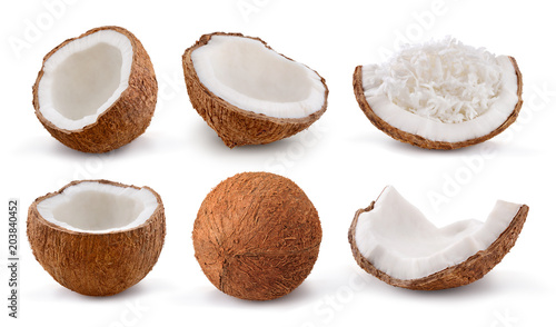 Coconuts isolated on white background. Collection.