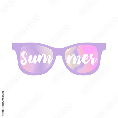 Sunglasses. Summer inscription on lenses pink sunglasses Reflecting Outer Space isolated on white background. Summer vector illustration. Sun. Vector illustration