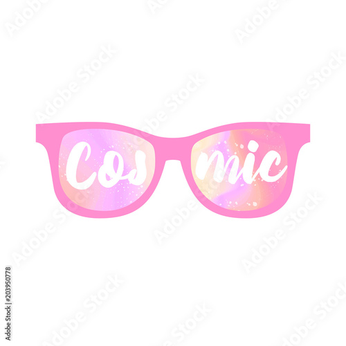 Pink glasses with the inscription cosmic. Illustration of Sunglasses Reflecting Outer Space. Vector illustration isolated on white background