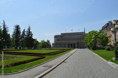 City Hall of Belgrade with park in front of it 