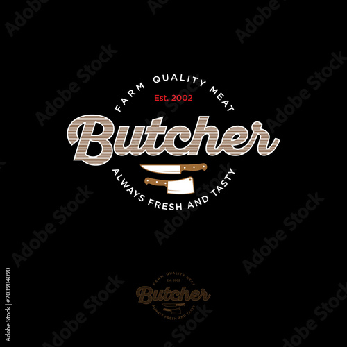 Butcher vintage logo. Vintage logo on a dark background. Knifes and a butcher's ax with letters. Butchery or restaurant logo.