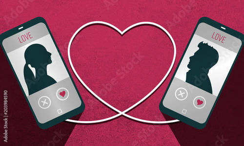 Illustration of a dating plattform app and the connection of a man and a woman