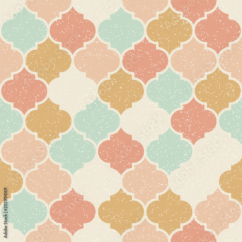 Trendy vector abstract seamless geometric pattern in retro scandinavian style.Pastel pink, blue, beige and yellow shapes with worn out texture